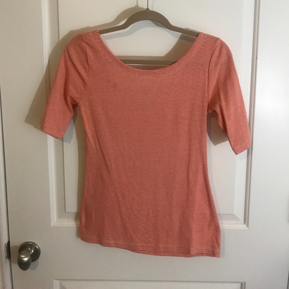 3/4 sleeve orange and white striped shirt