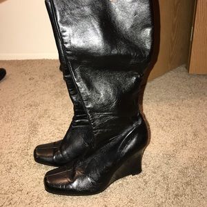 Black faux leather wedge boots