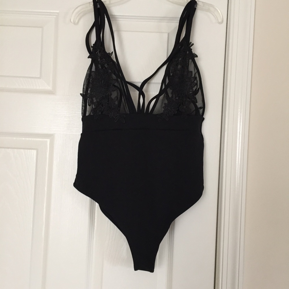Black Mesh Lace Appliqué Bodysuit