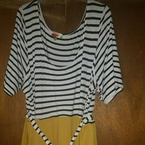 Black and white striped and mustard dress