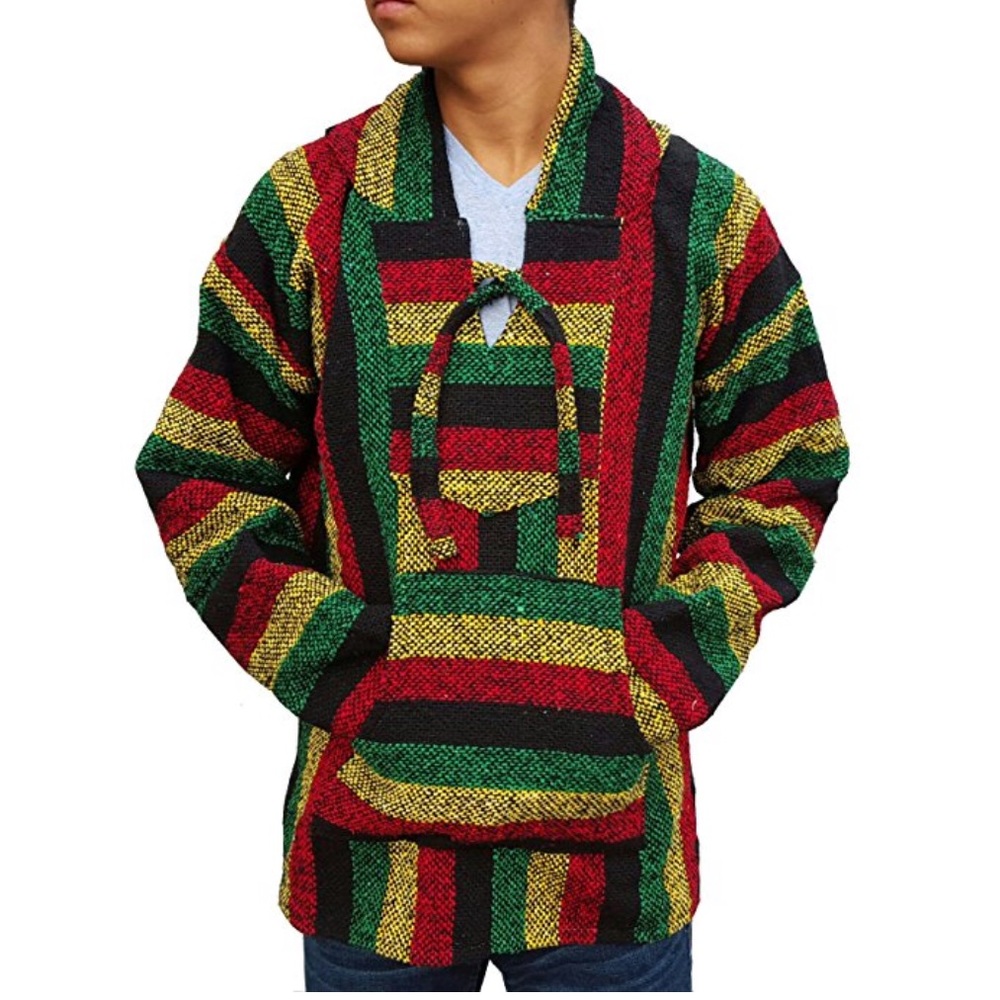 Mexican style Baja pullover hoodie poncho Rasta L