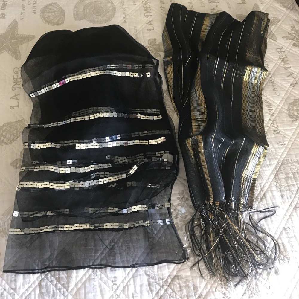 Black sheer scarves with metallic accents