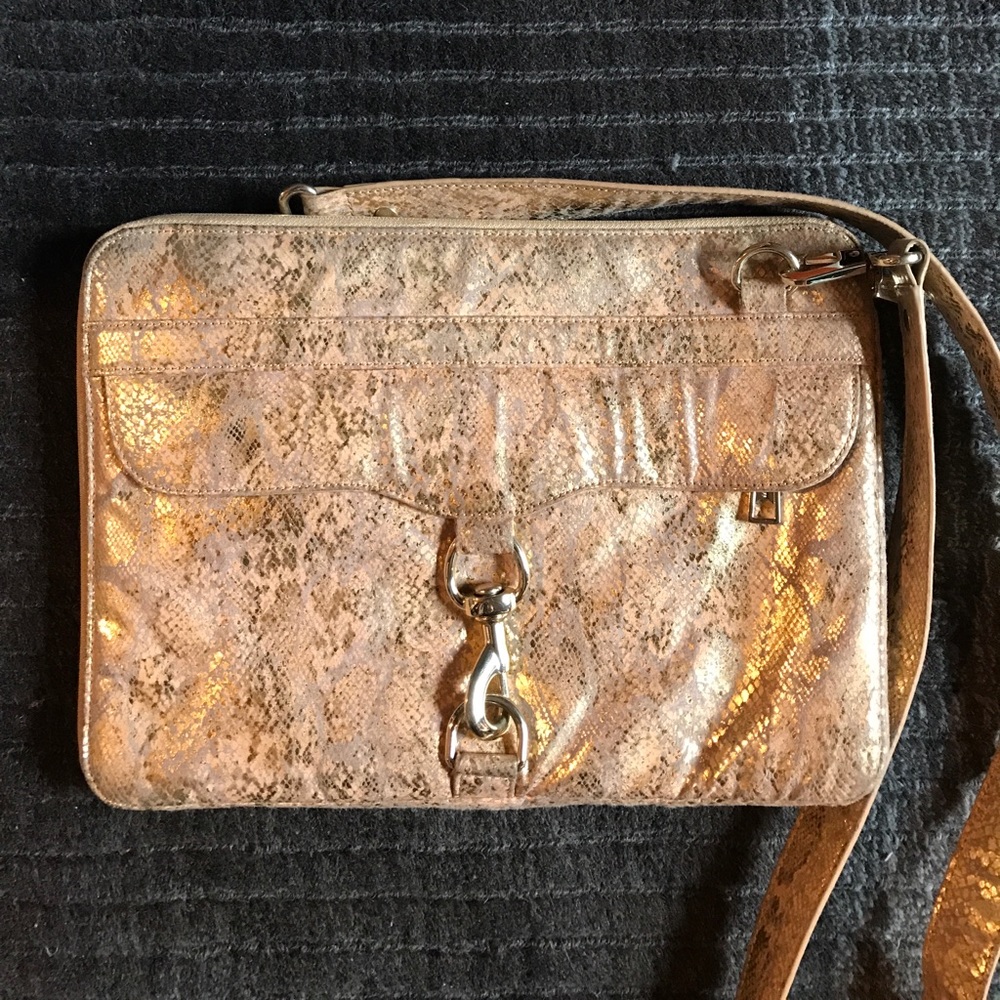 Rebecca Minkoff rose gold python print laptop bag