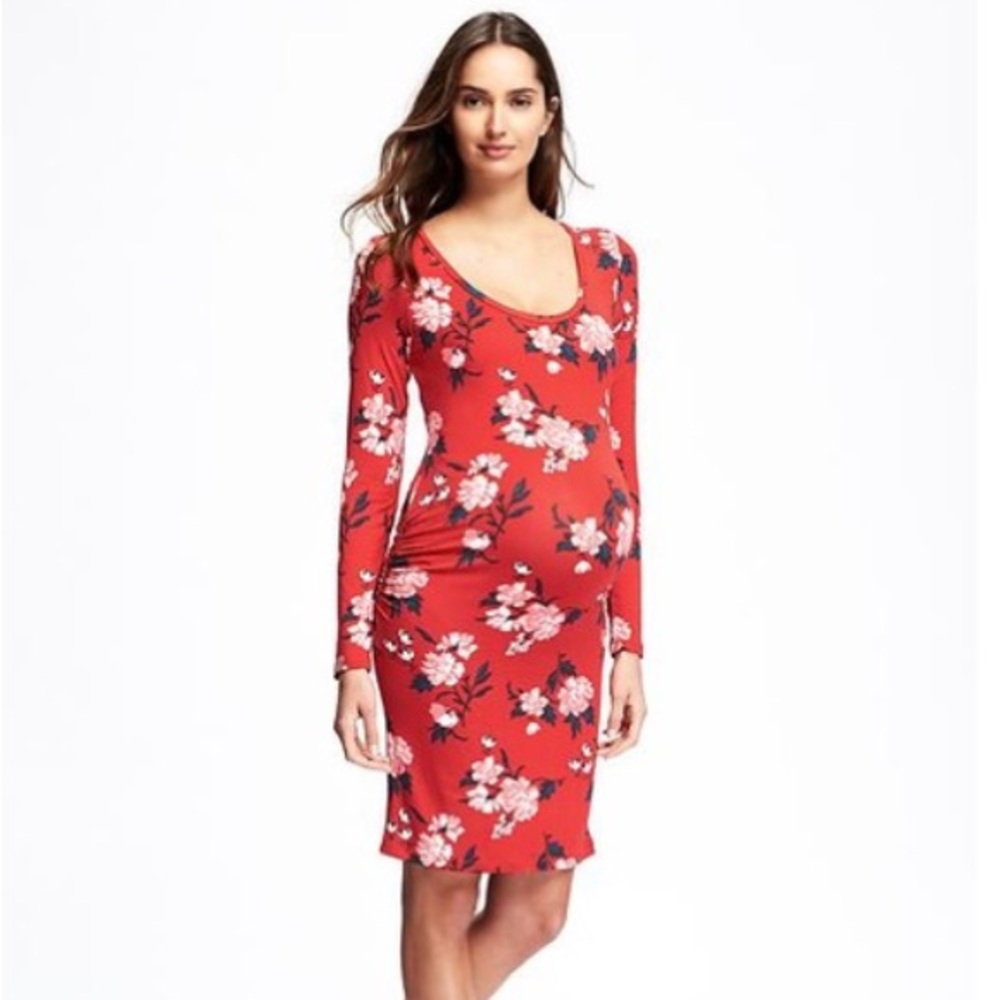 Maternity Bodycon Scoop-Neck Red Floral