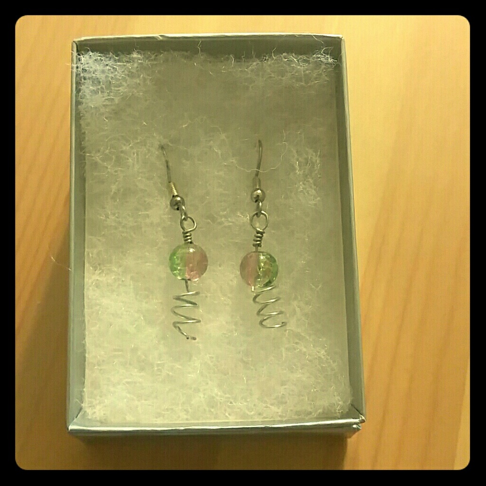 Beautiful Handmade Pink And Green Bead Earrings