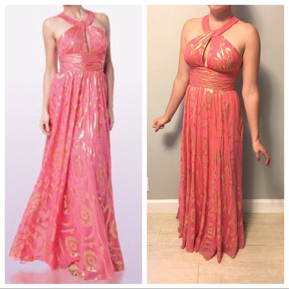 Coral metallic gown / formal dress by Aidan Mattox