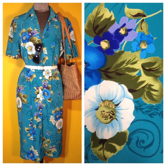 Vintage teal Hawaiin print Dress, size 8/10/M/L - Picture 1 of 4