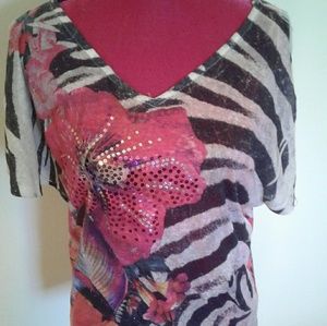 Zebra and Floral Print V-Neck Top