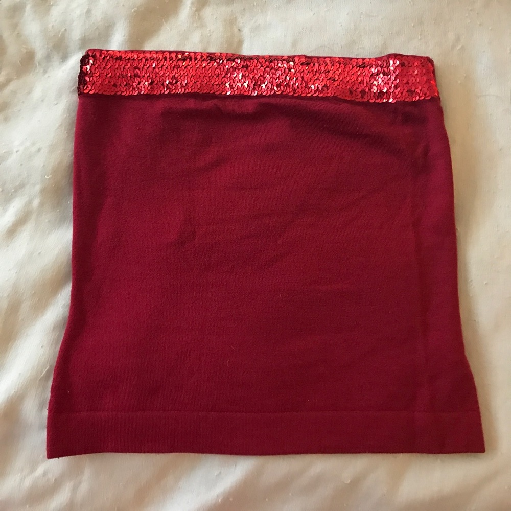 Red strapless top with sequins