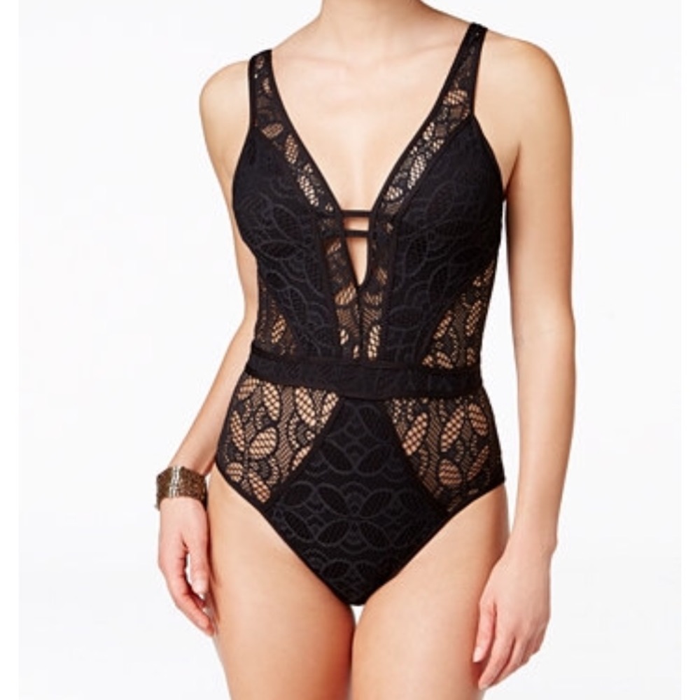 NWOT BECCA black lace one piece swimsuit
