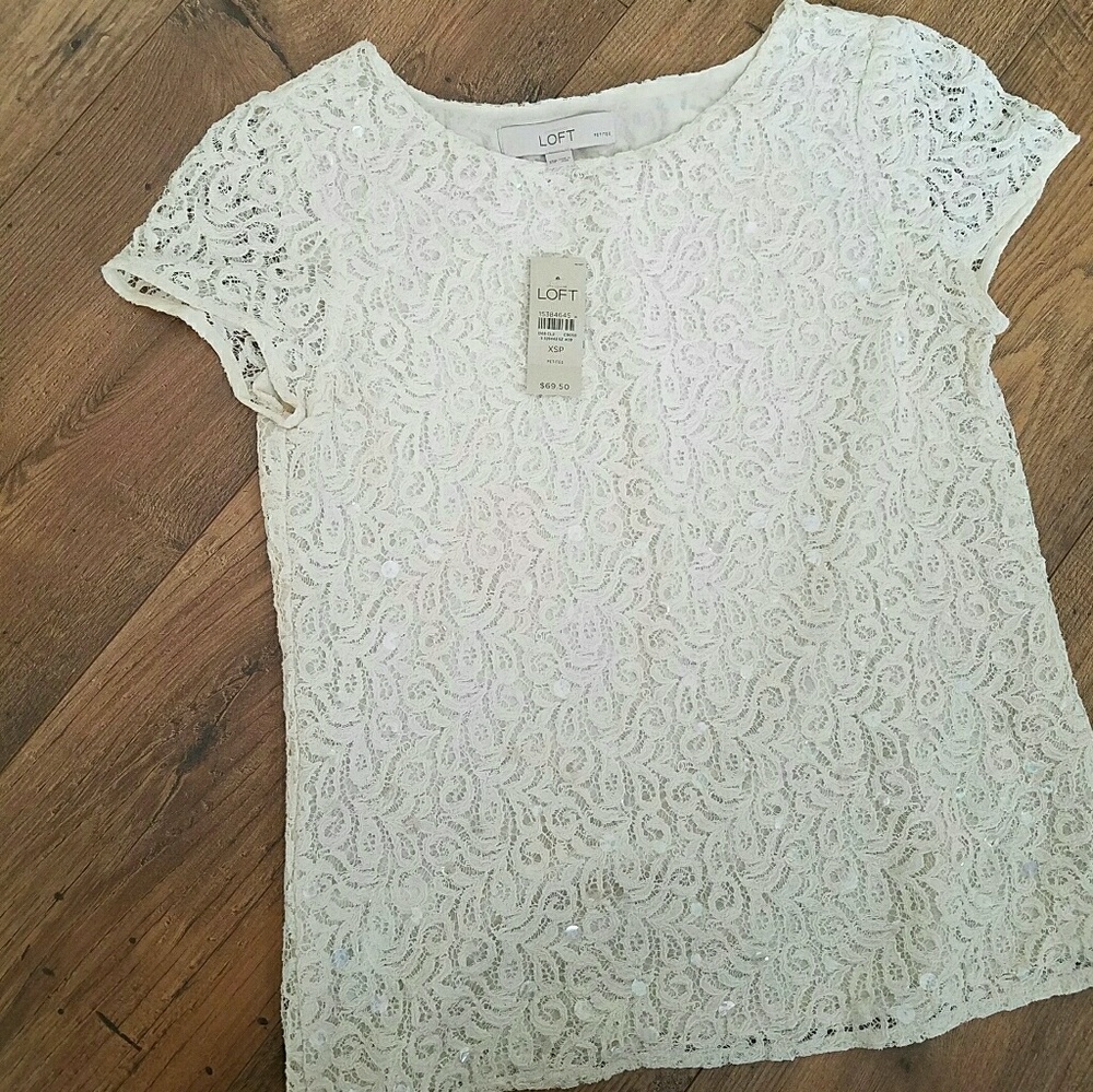 NWT Ann Taylor LOFT Cream Lace Sequin Top