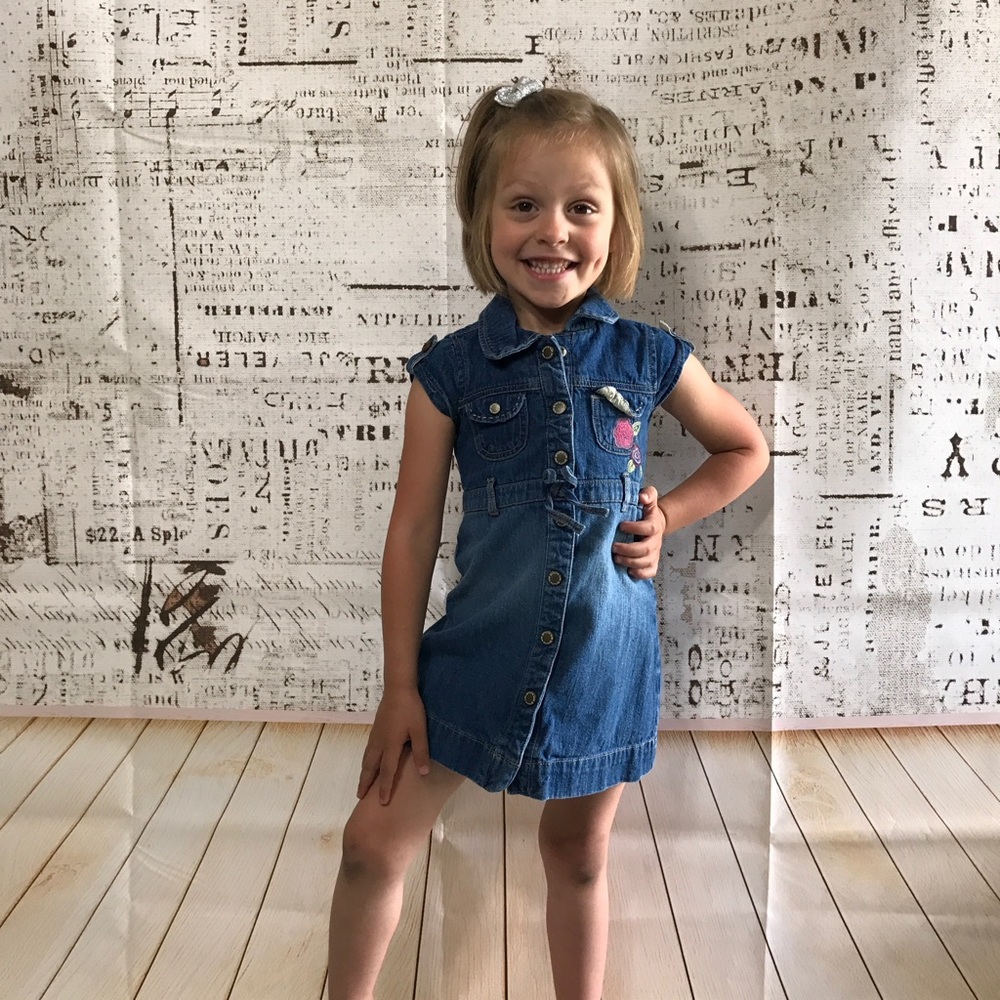 Denim Toddler Dress with Embroidered Flowers.
