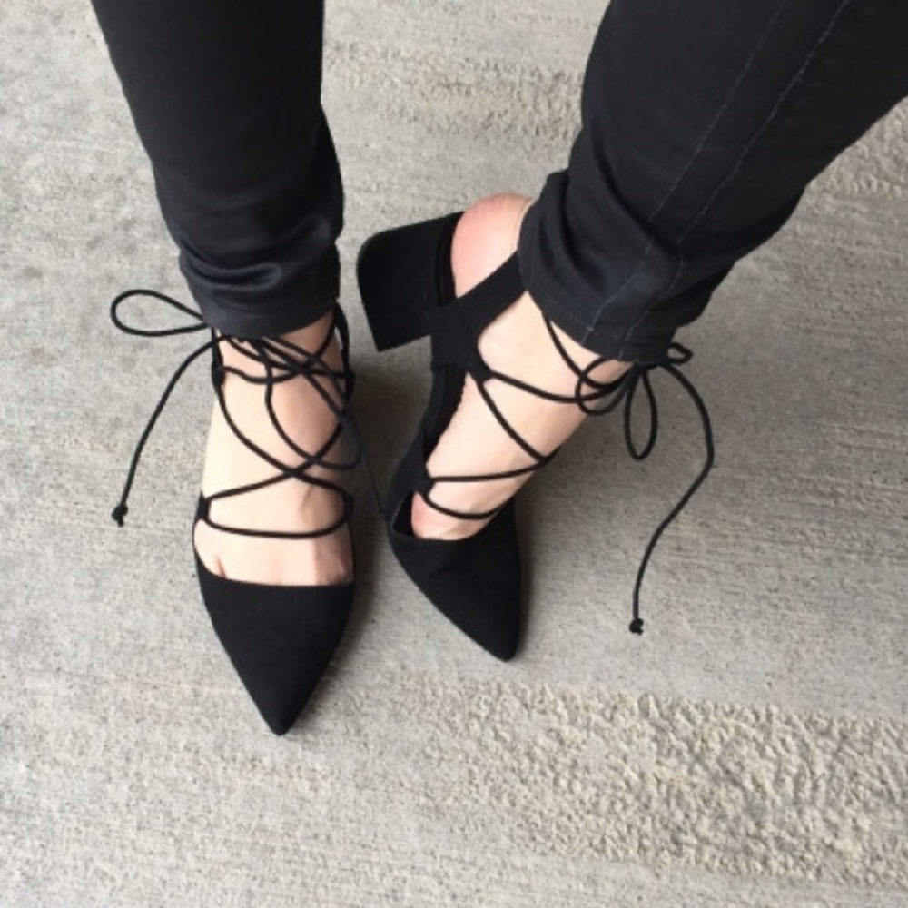 Zara Lace-up Pointed Block Heel Black Suede Shoes