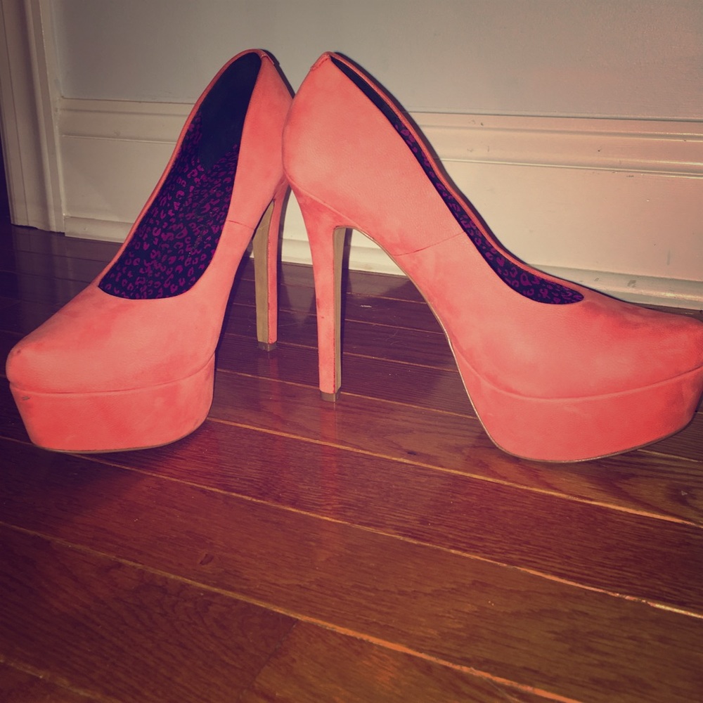 Bright coral heels suede