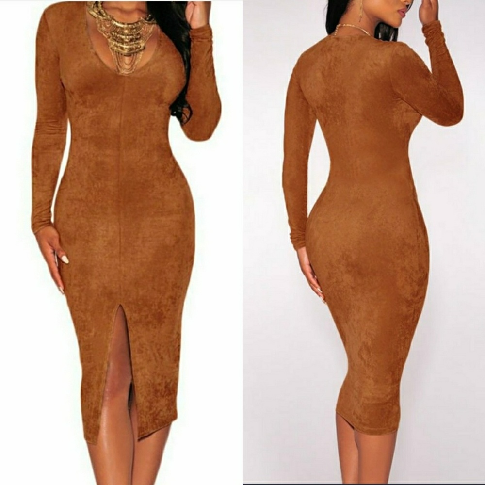 Mocha Suede Like Midi Dress