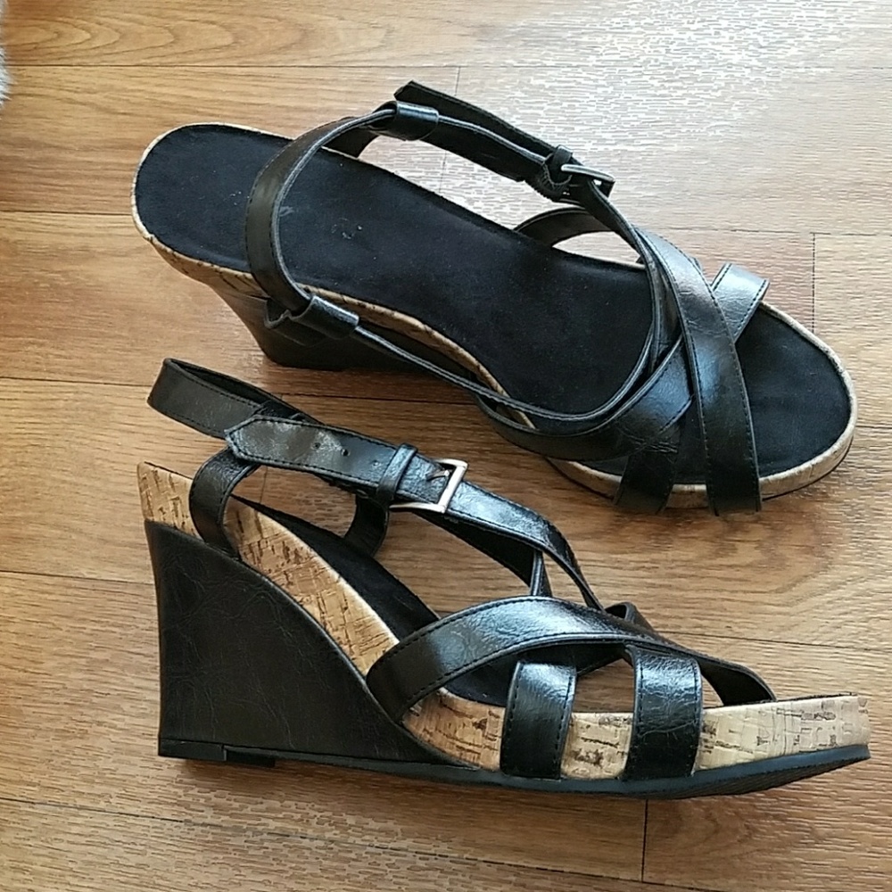 Black strappy cork heel shoe