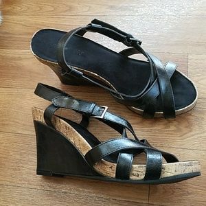 Black strappy cork heel shoe