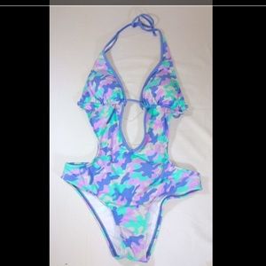 Purple Teal and White Camo Open Back Swim Suit