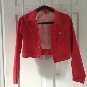 Red cropped denim jacket