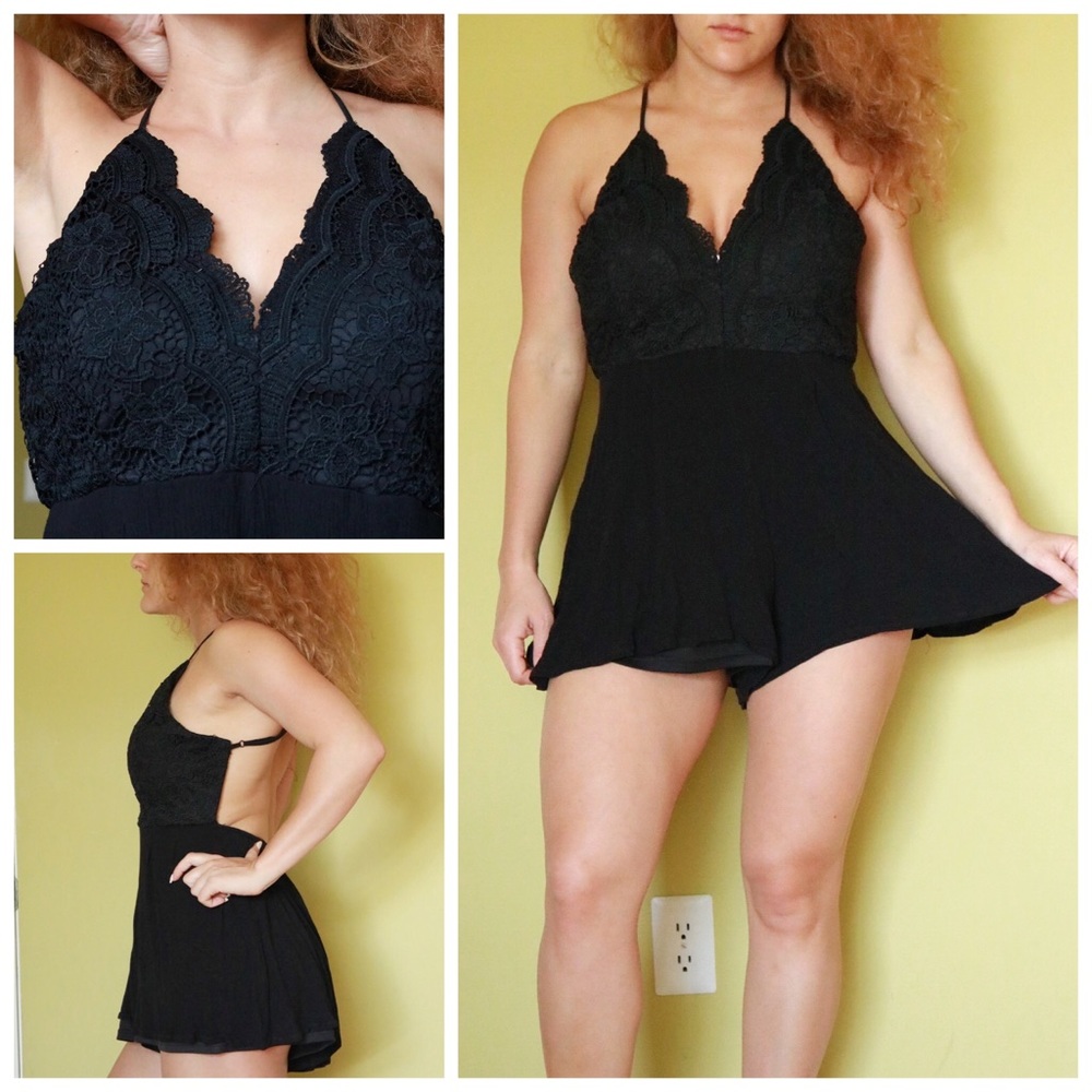 Black Lace Front Halter Neck Romper Dress