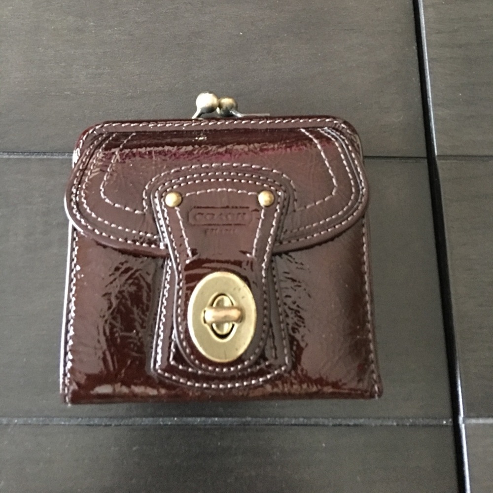 Coach brown patent leather fold out wallet