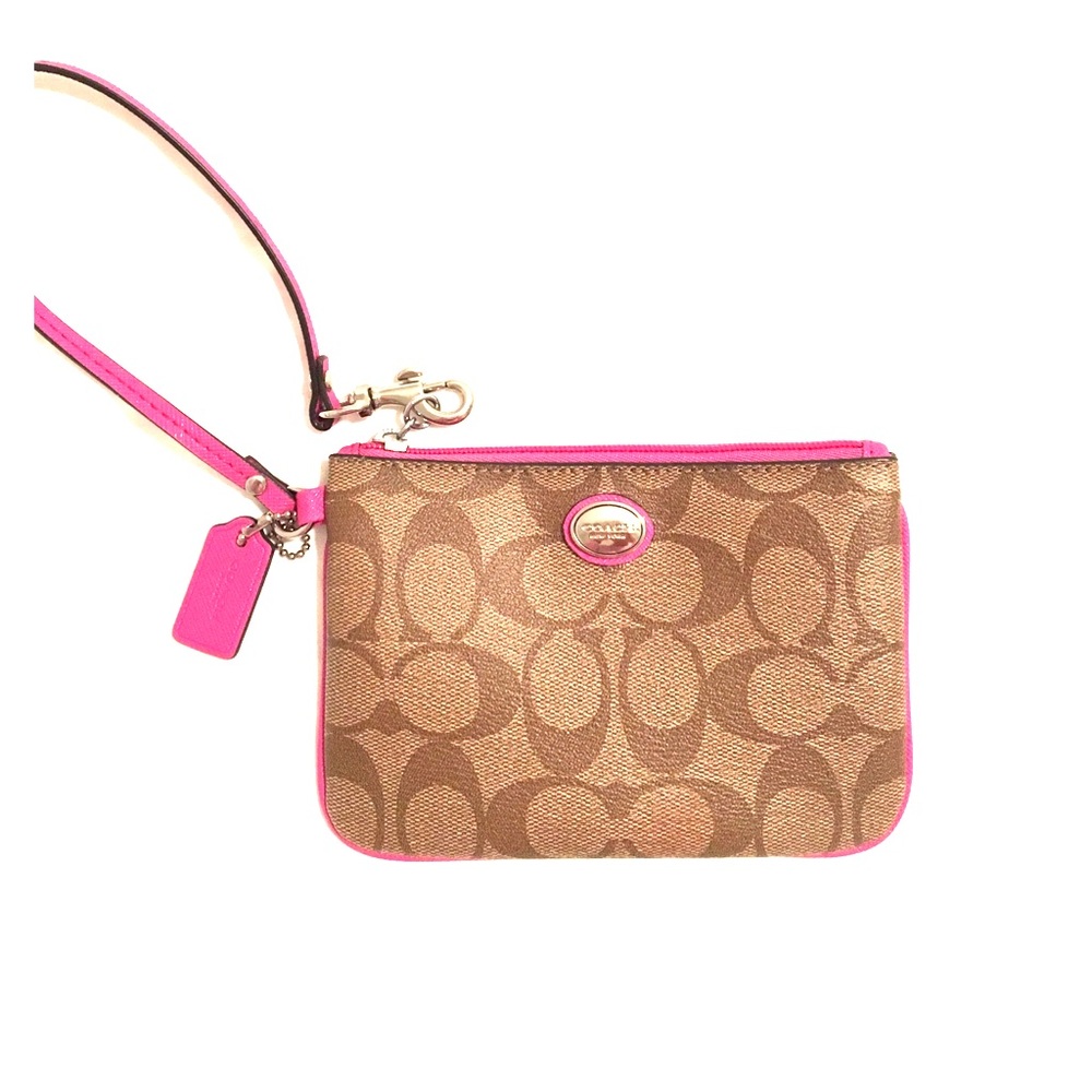 Coach brown with pink accent wristlet wallet