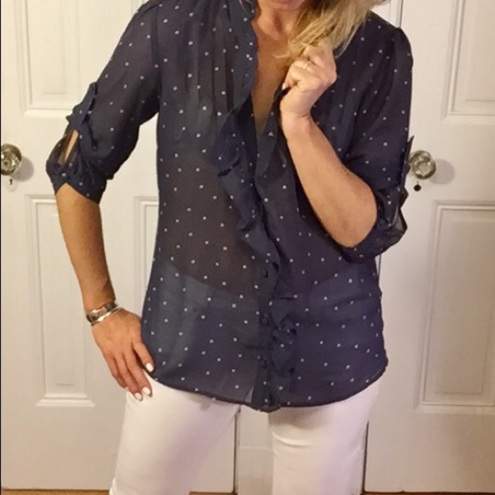 Sheer blue polka dot blouse with ruffle!