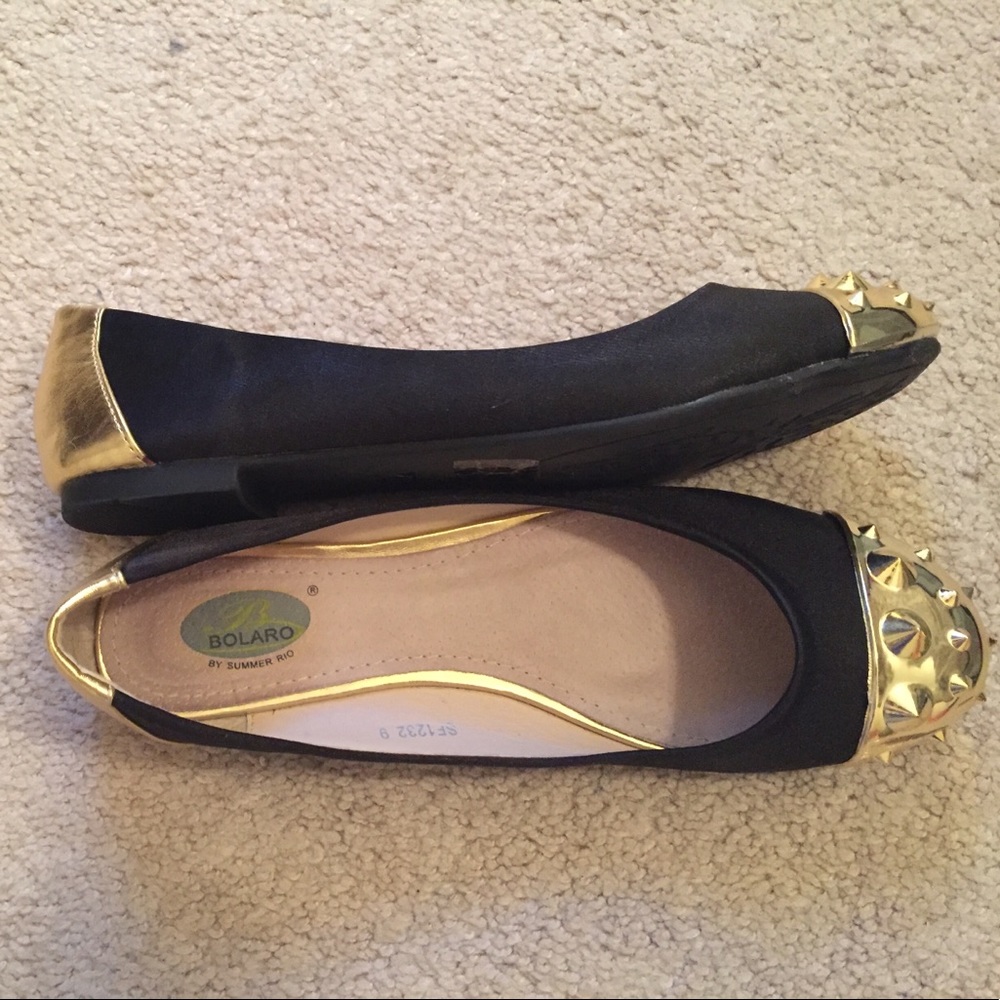 Black and Gold Flats with Spiked Toes