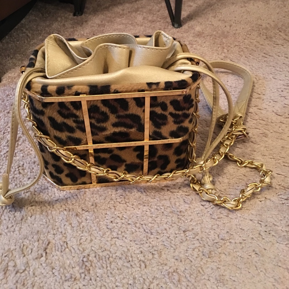 Unique leopard square caged cross shoulder purse.