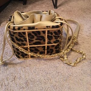 Unique leopard square caged cross shoulder purse.