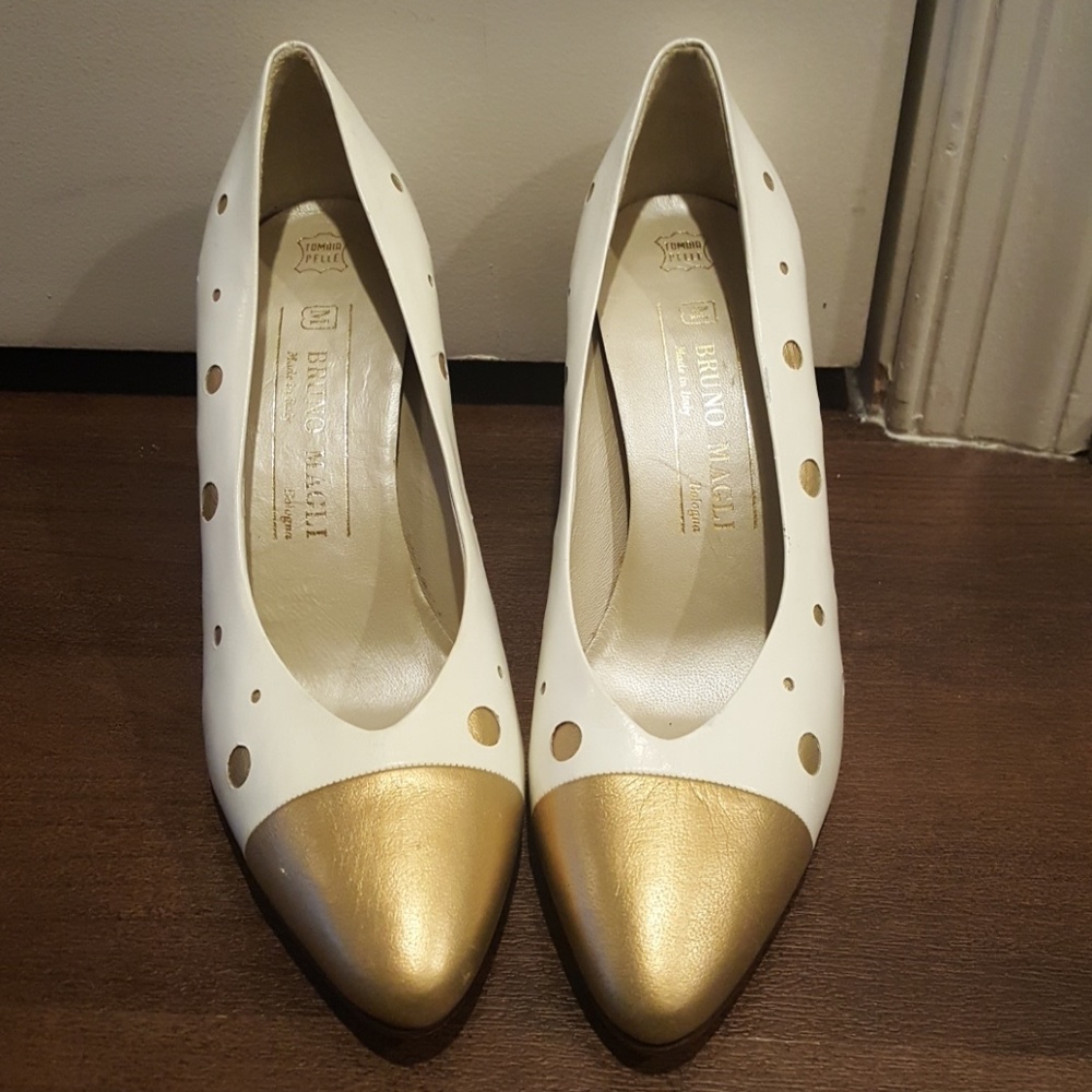 Bruno Magli gold polka dotted heels