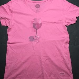 Life is Good half full wine glass pink vneck tee