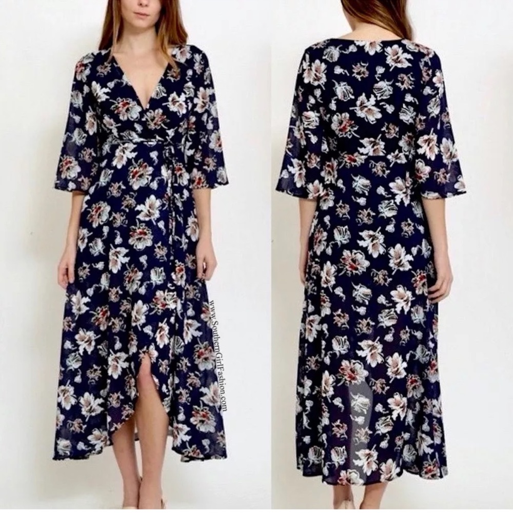 FLORAL MAXI Printed V Dress Long Draped Wrap Gown