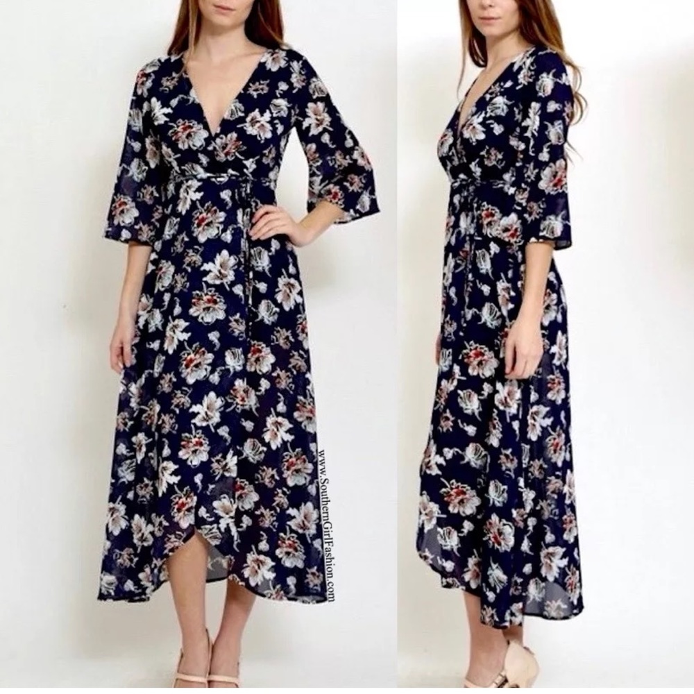 FLORAL MAXI Printed V Dress Long Draped Wrap Gown - Picture 2 of 7