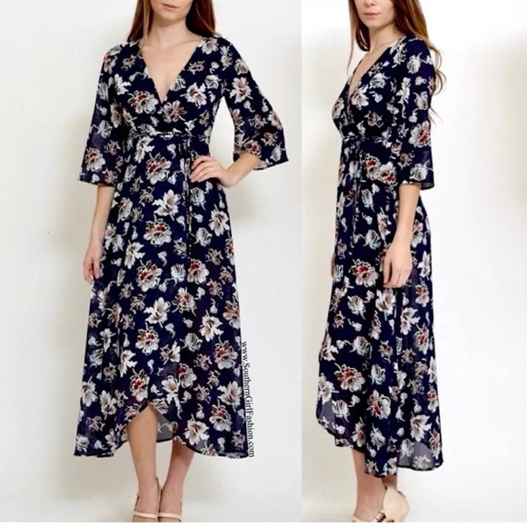 FLORAL MAXI Printed V Dress Long Draped Wrap Gown - Picture 2 of 7