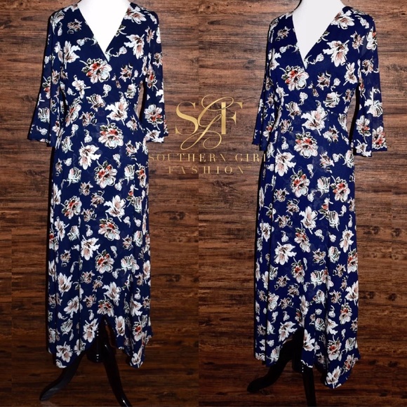 FLORAL MAXI Printed V Dress Long Draped Wrap Gown - Picture 3 of 7