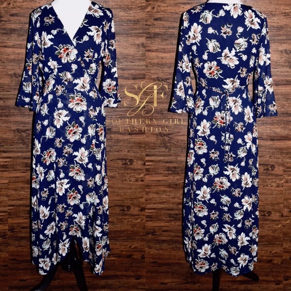 FLORAL MAXI Printed V Dress Long Draped Wrap Gown - Picture 5 of 7