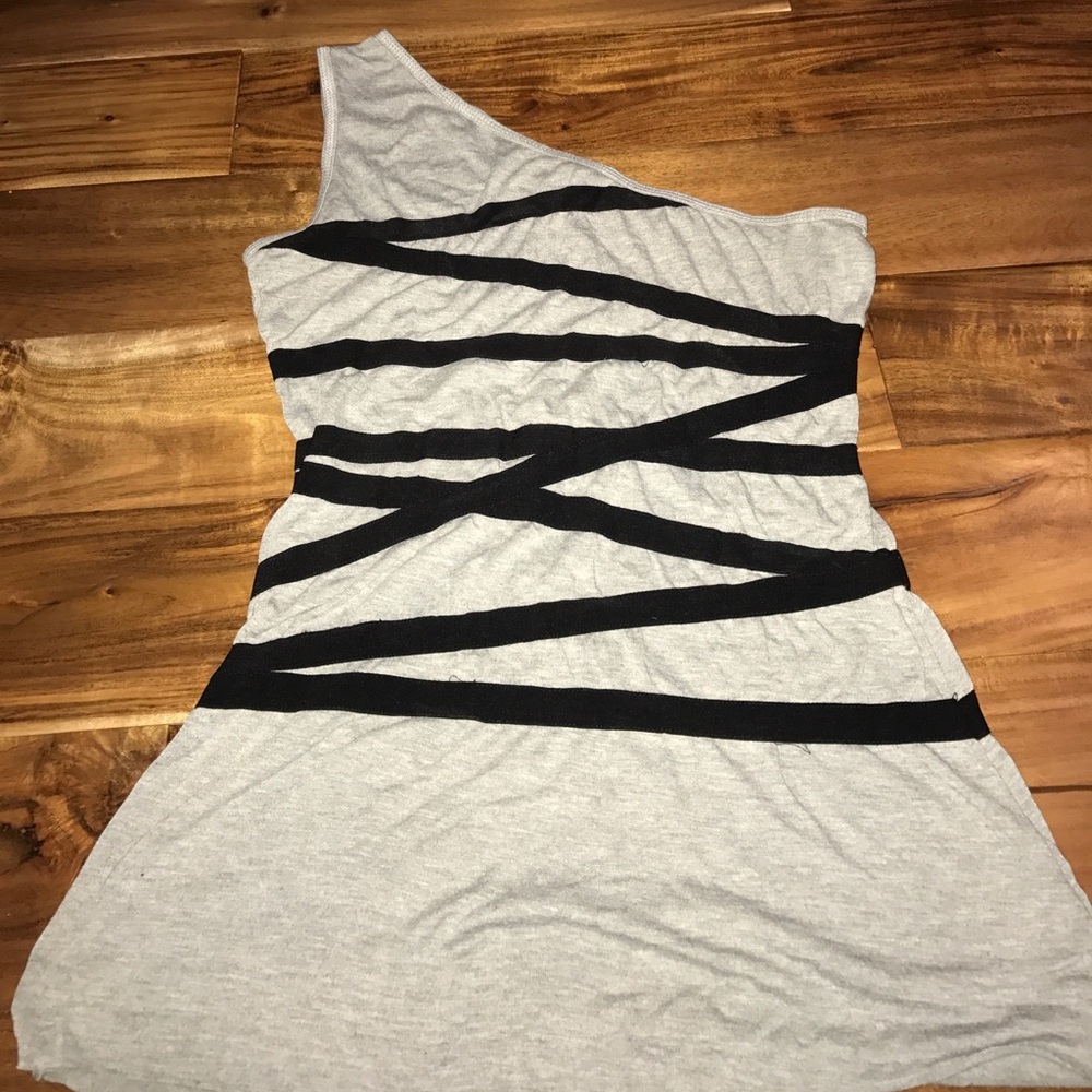 Gray one shoulder tank with black elastic stripes