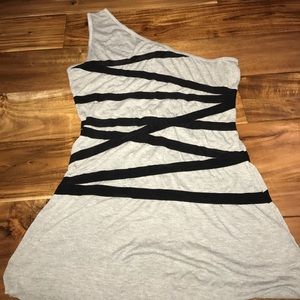 Gray one shoulder tank with black elastic stripes