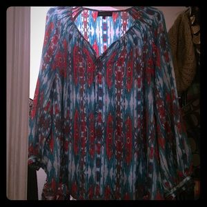 Coral, Turquoise, white blouse