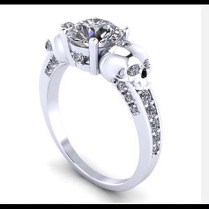 Silver Skull Ring with Zircon and Rhodium Plating