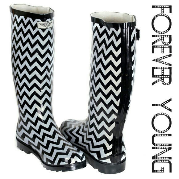 Forever Young Shoes - Women Rain Boots, Rubber Tall Waterproof Rainboots, RB-1813, Zigzag