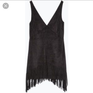Zara Black Suede Fringe Mini Dress, Size XS