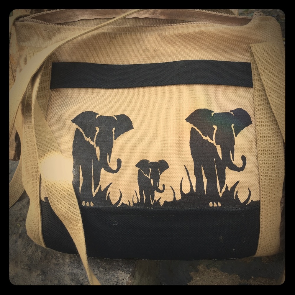 Bag with zipper and straps -handmade screen print