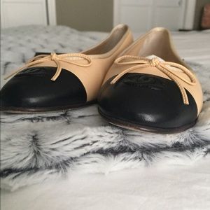 Chanel style Beige/ Cream Flats with Black Tip