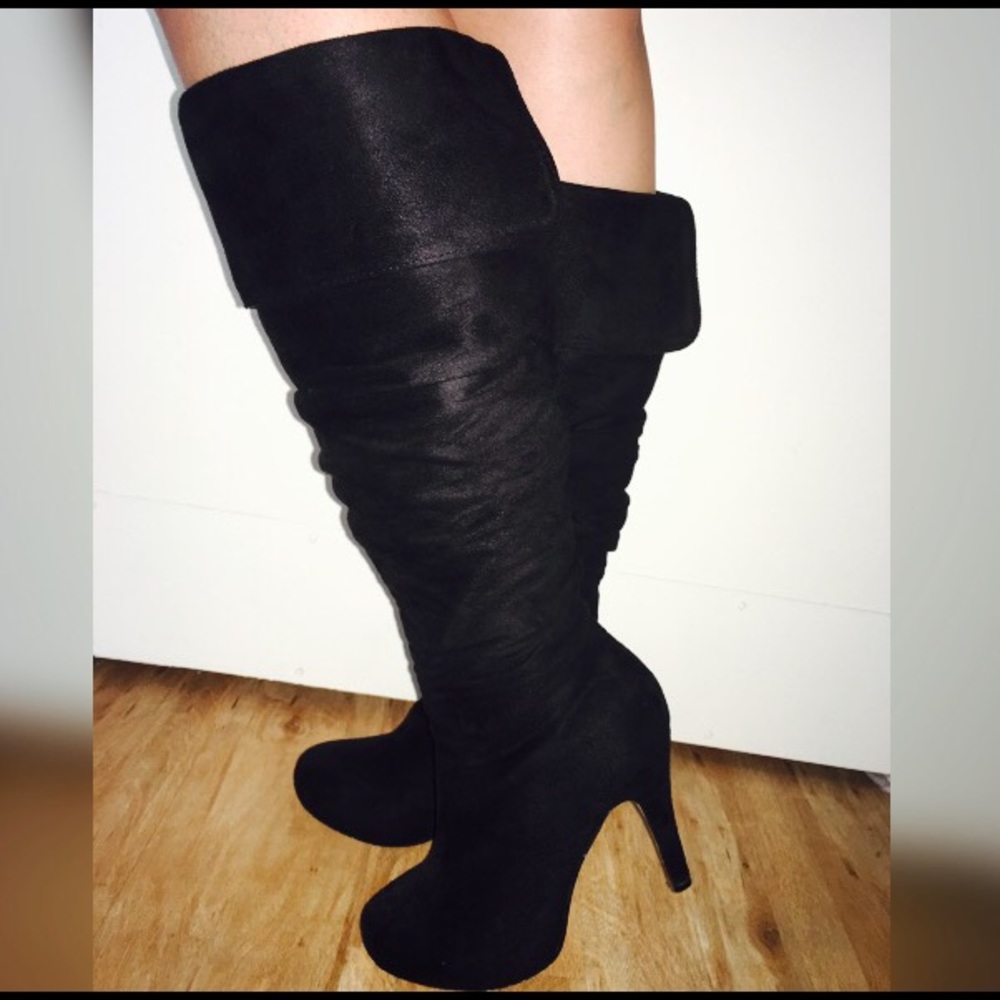 LAST CALL Black Knee High Black Platform Boots