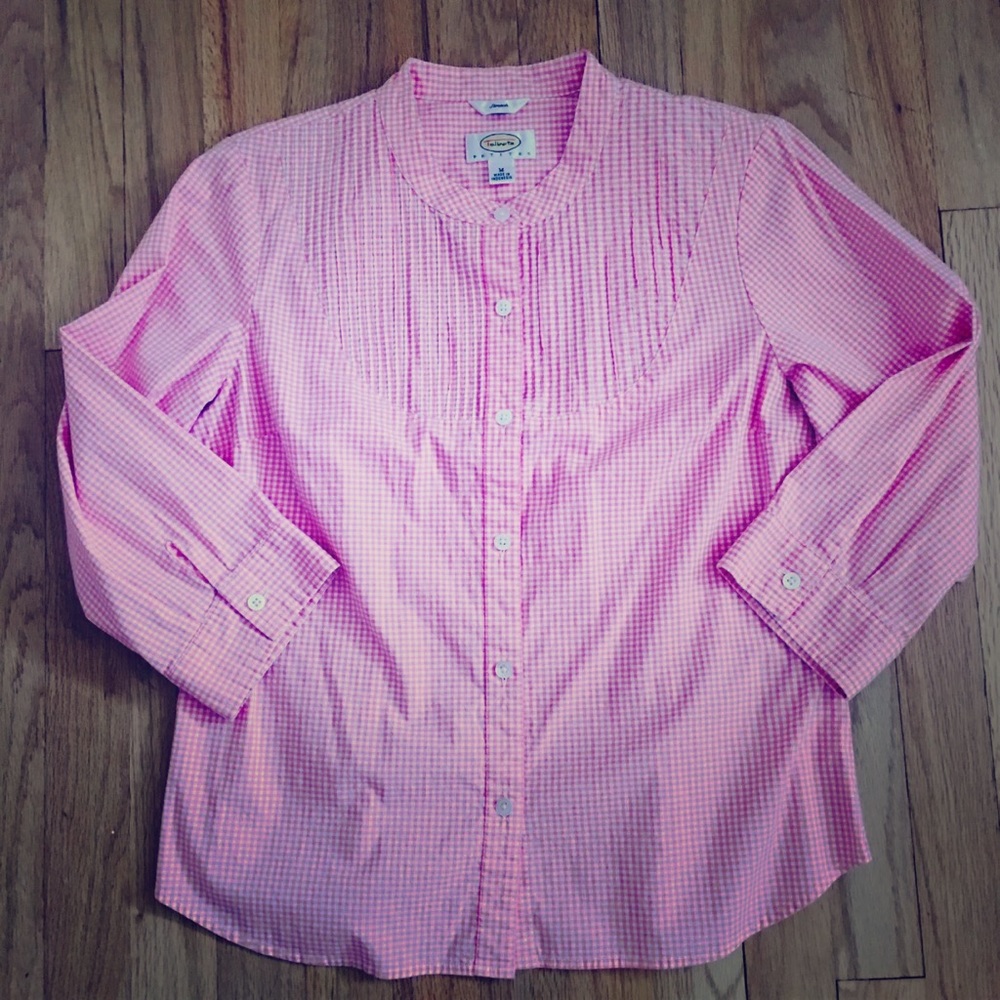 Talbots Petites Pink Gingham Print Button Down Top