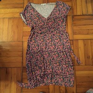 Navy, orange, and pink wrap dress.