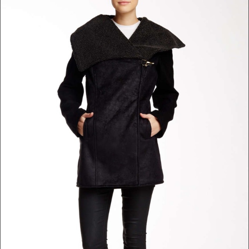 NWT Sam Edelman Black Faux Shearling Clip Coat