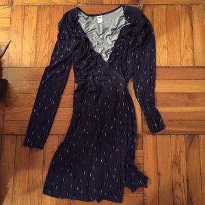 Wrap dress with navy and white print.